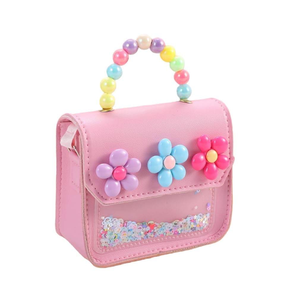 Girl's purse，Girls Mini Purse with Flower Decor, Sparkly Shaker Sequin Crossbody Bag with Beaded Handle