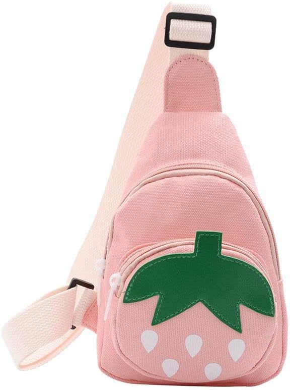 Hiflyer Pink Strawberry Sling Backpack, Small Backpack for Girls, Kawaii Bag, Lightweight Canvas, Adjustable Shoulder Strap, Zipper, 8x5x2 inches