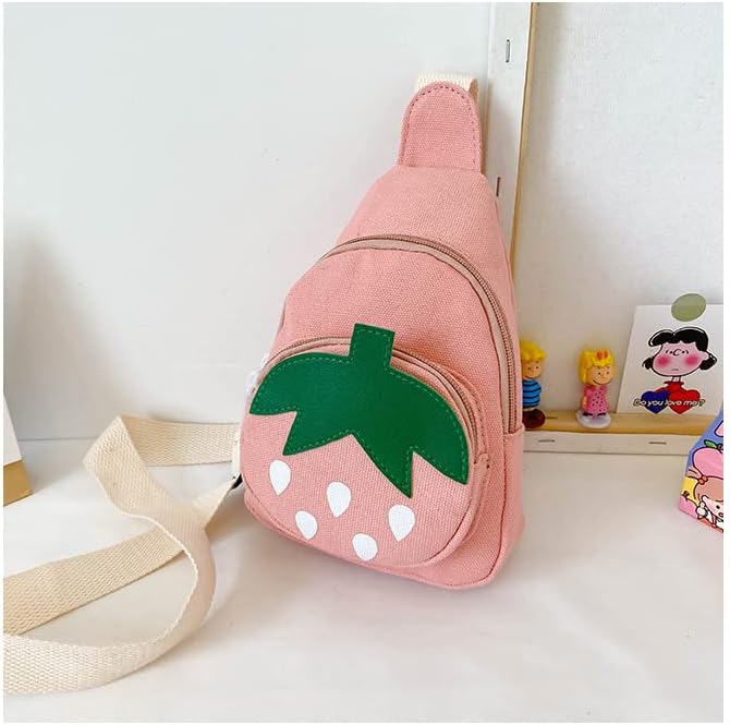 Hiflyer Pink Strawberry Sling Backpack, Small Backpack for Girls, Kawaii Bag, Lightweight Canvas, Adjustable Shoulder Strap, Zipper, 8x5x2 inches