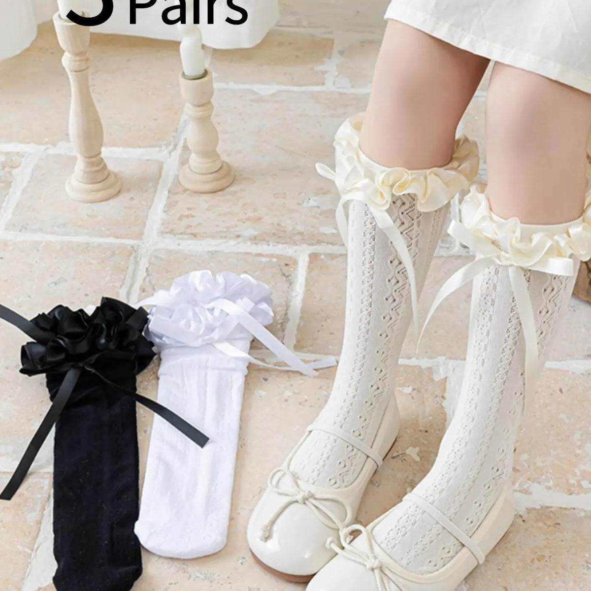 3 Pairs Girls' Summer Thin Bow Hollow Out Knee-High Socks, Lolita Princess Socks, Cute and Sweet, Pair with Small Boots, Lightweight Socks