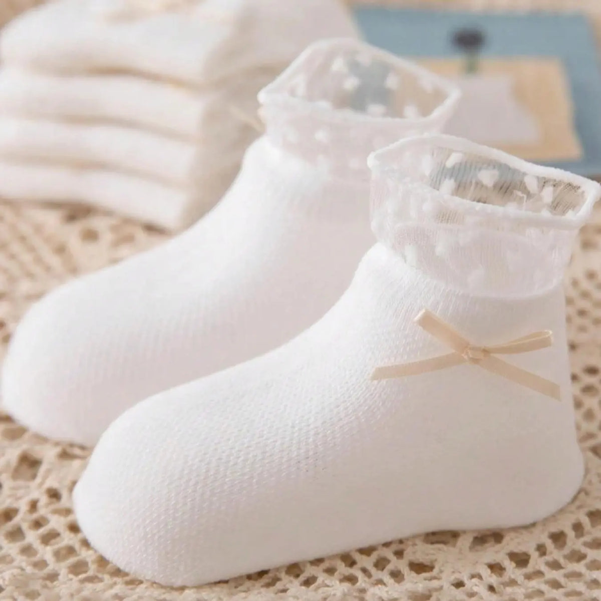 Girls' Lace Bow Princess Style Crew Socks, 5 Pairs, Casual Stylish Socks, Breathable Summer Thin Lightweight Socks, Cute Butterfly Knot Design, Spring & Fall