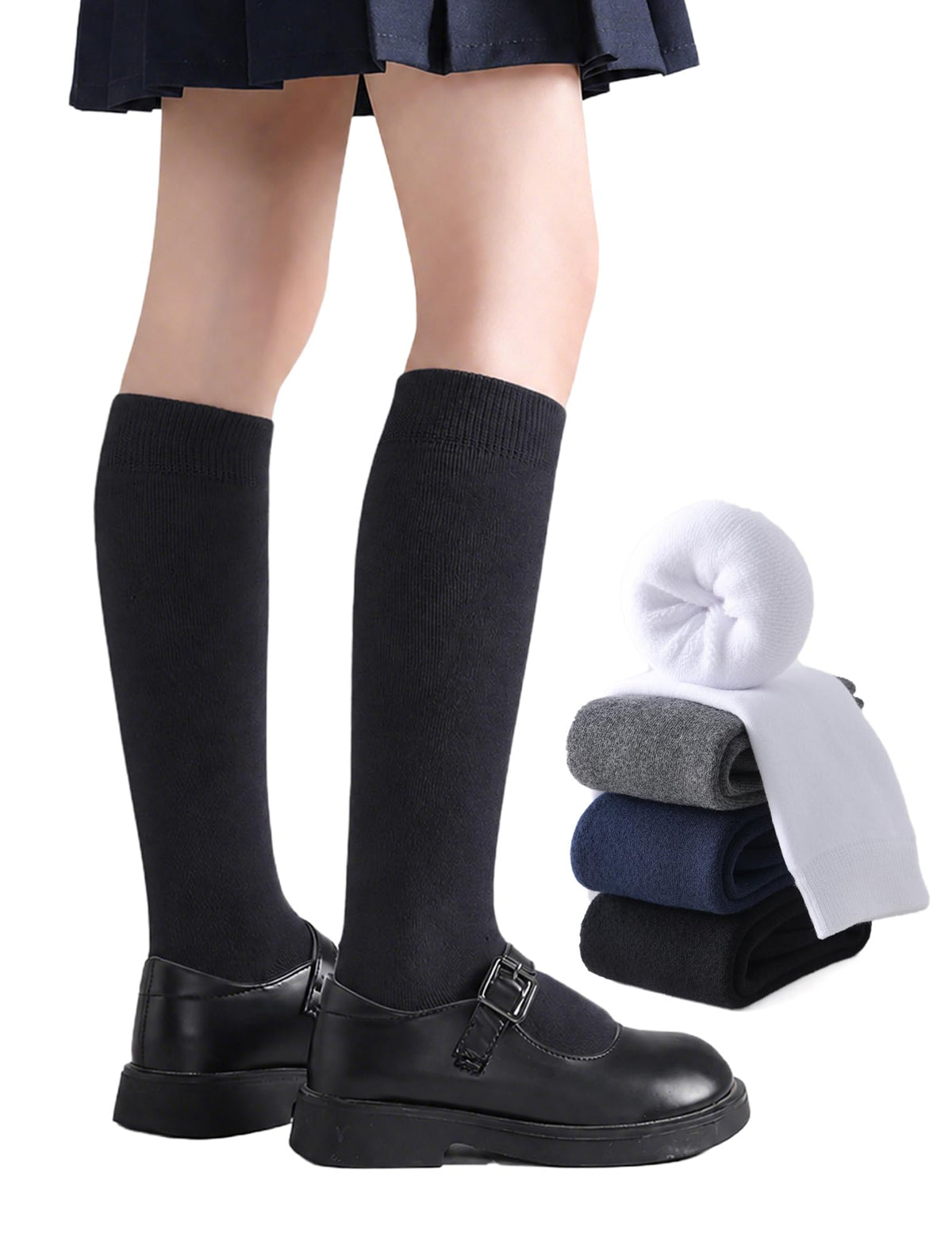 EPEIUS Girls Knee High Socks, Seamless Cotton School Uniform Socks 3-5 Pack