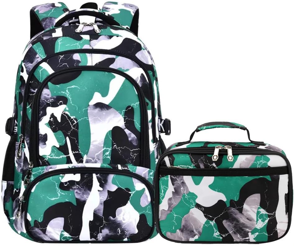 Camo Backpack Set with Lunch Bag Lightweight Waterproof School Backpack Bookbag for Boys Girls (A-Style Camo Green)