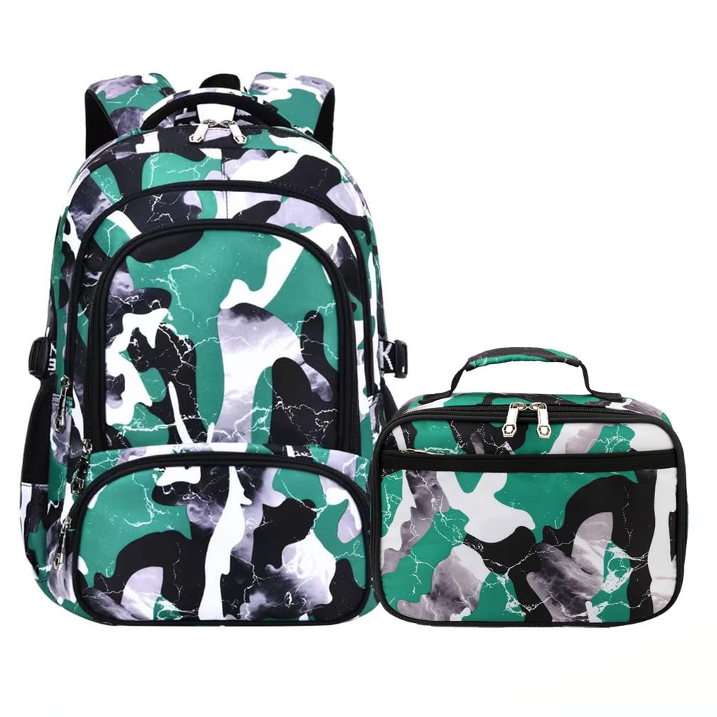 Camo Backpack Set with Lunch Bag Lightweight Waterproof School Backpack Bookbag for Boys Girls (A-Style Camo Green)