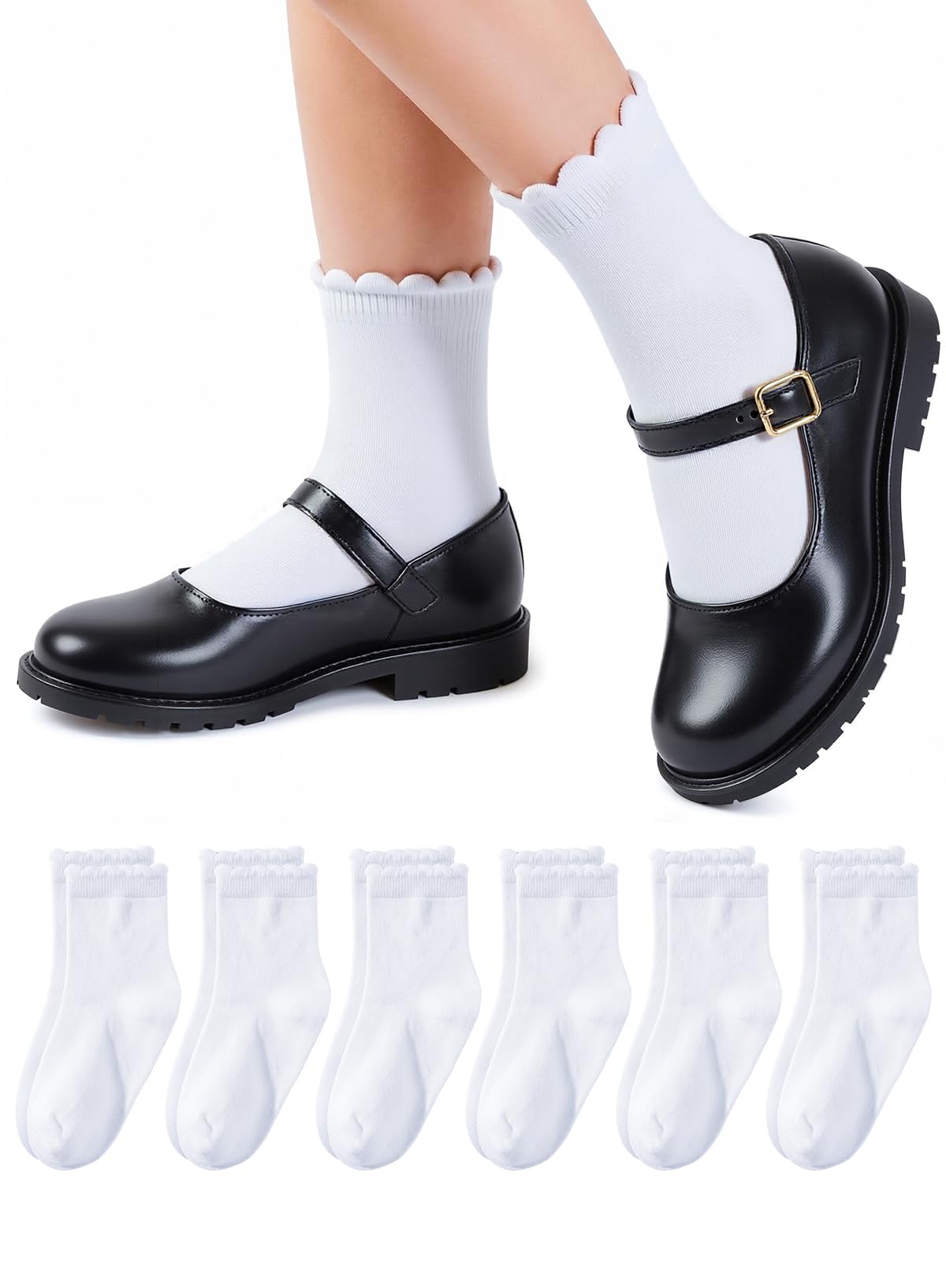 HONGTEYA 6 Pairs Cotton Girls Socks Ruffle Kids Crew Ankle School Uniform
