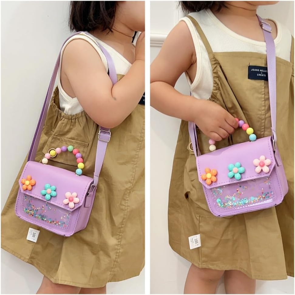 Girl's purse，Girls Mini Purse with Flower Decor, Sparkly Shaker Sequin Crossbody Bag with Beaded Handle