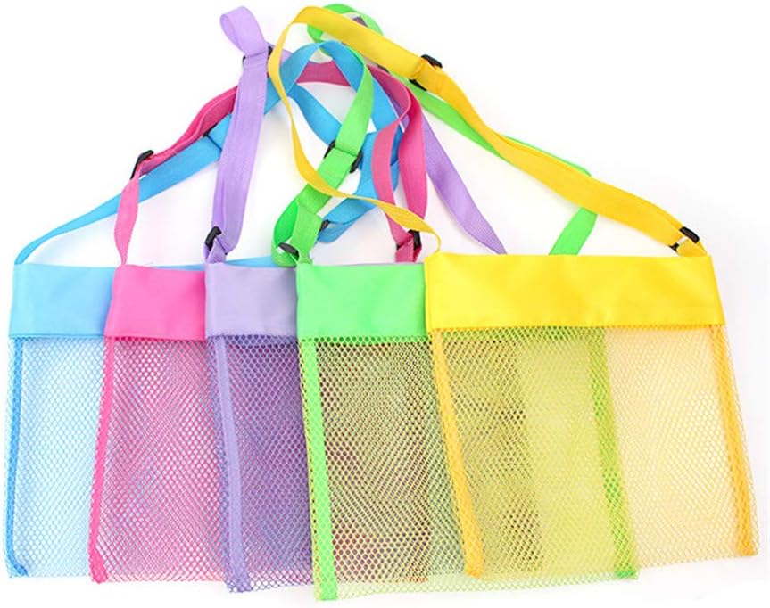 COTDINFORCA 5-PCS Colorful Mesh Beach Bags Sand Away Portable Foldable Sea Shell Bag with Adjustable Carrying Straps/Toy Storage Bag [Yellow, Rose, Purple, Green, Blue] Set of 5 Beach Bags