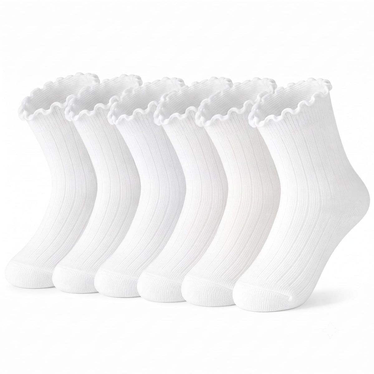 Ruffle Socks for Girls, White Cute Frilly Crew Dress Socks for Kids 6 Pairs