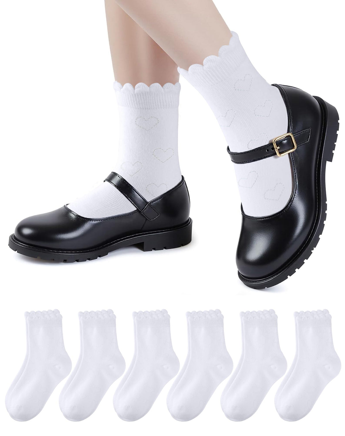 HONGTEYA 6 Pairs Cotton Girls Socks Ruffle Kids Crew Ankle School Uniform