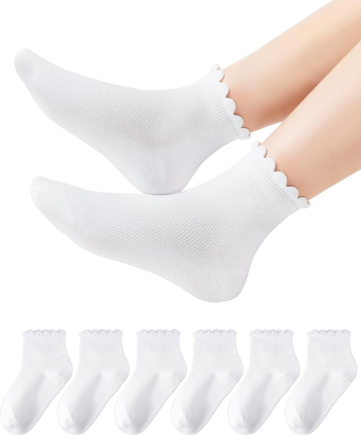 HONGTEYA 6 Pairs Girls Socks Ruffle Cotton School Uniform Kids Ankle Crew
