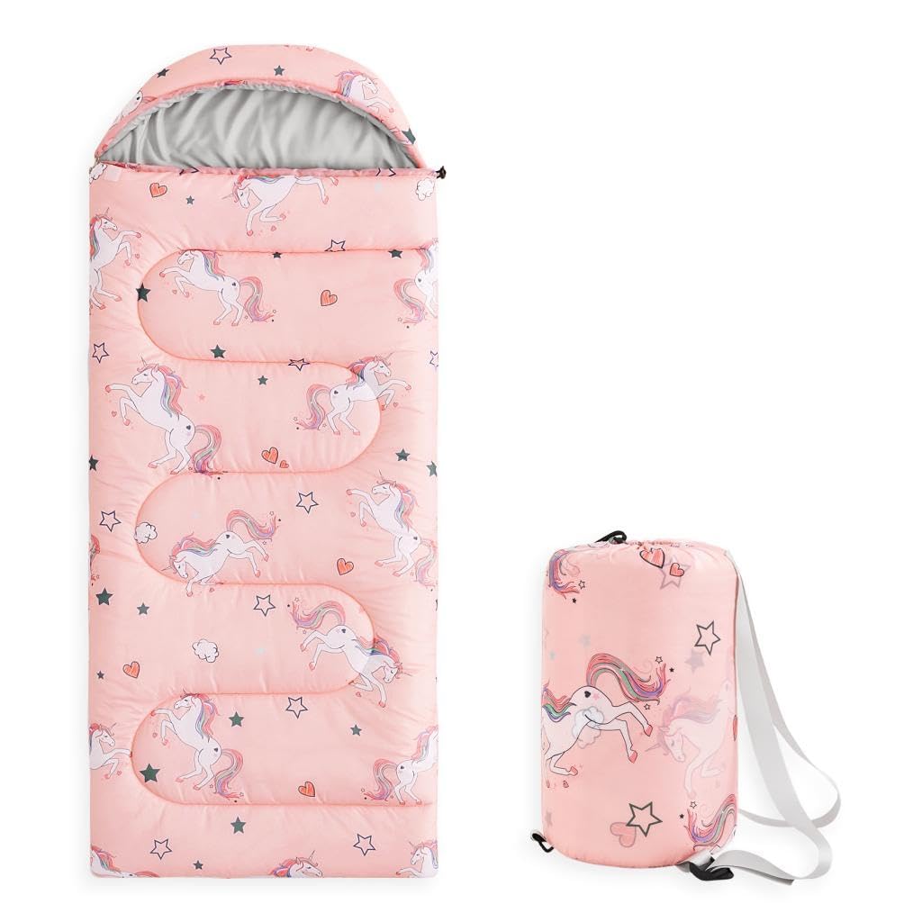 Wake In Cloud - Kids Sleeping Bag for Girls Toddlers, Camping in Warm Cold Weather, Backpacking Lightweight Compact Outdoor Liner for 3 Seasons, Unicorns Stars Hearts