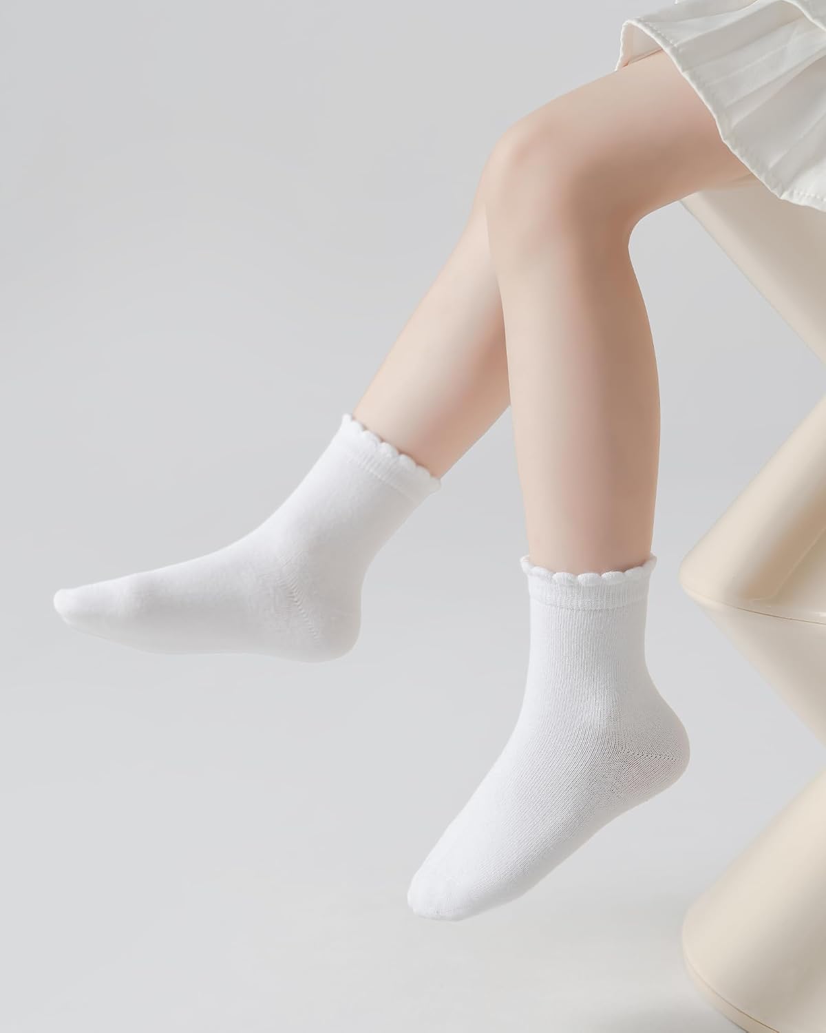 Funjoon Girls Ruffle White School Uniform Socks Crew Scallop Dress Kid Sock