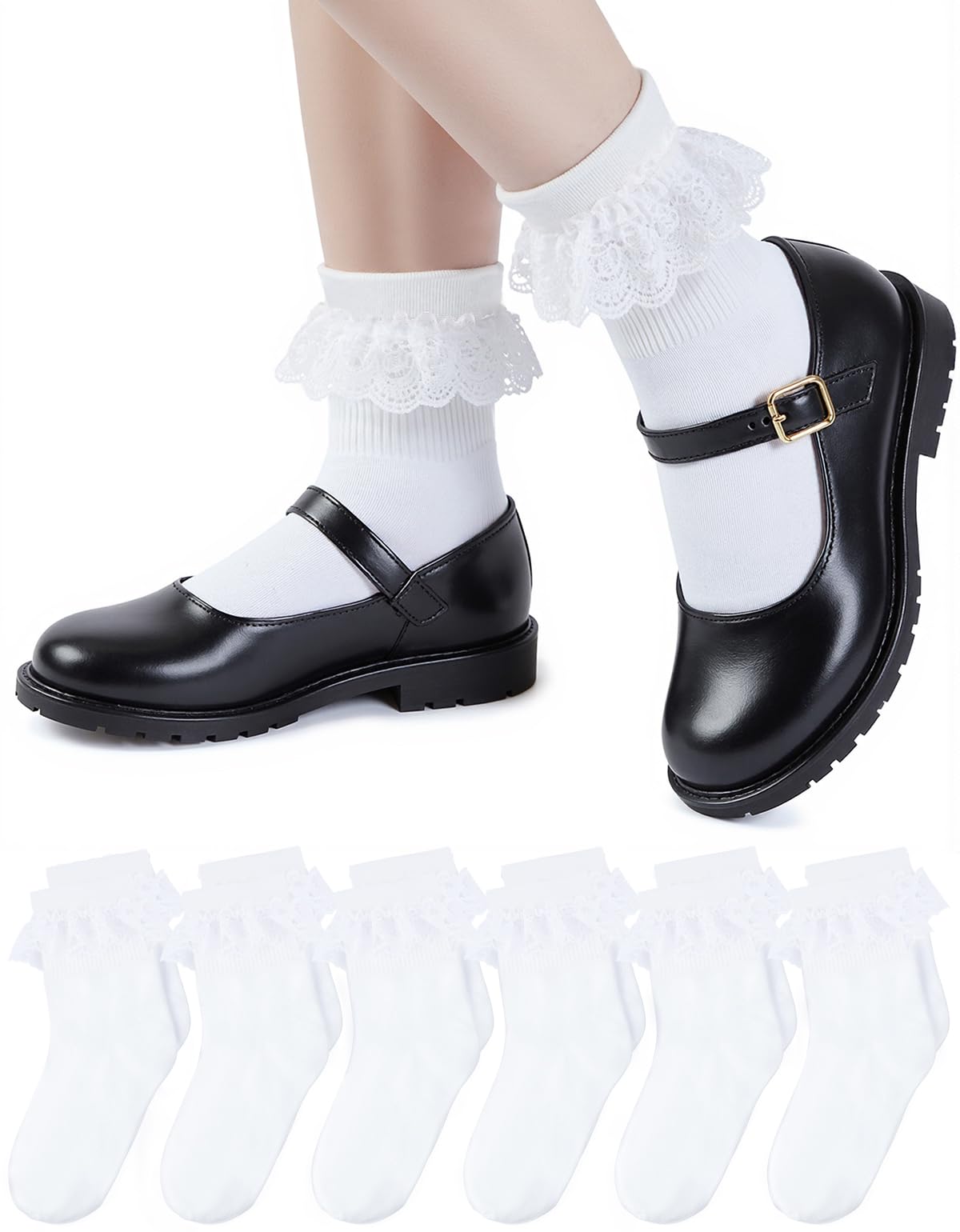 HONGTEYA 6 Pairs Cotton Girls Socks Ruffle Kids Crew Ankle School Uniform