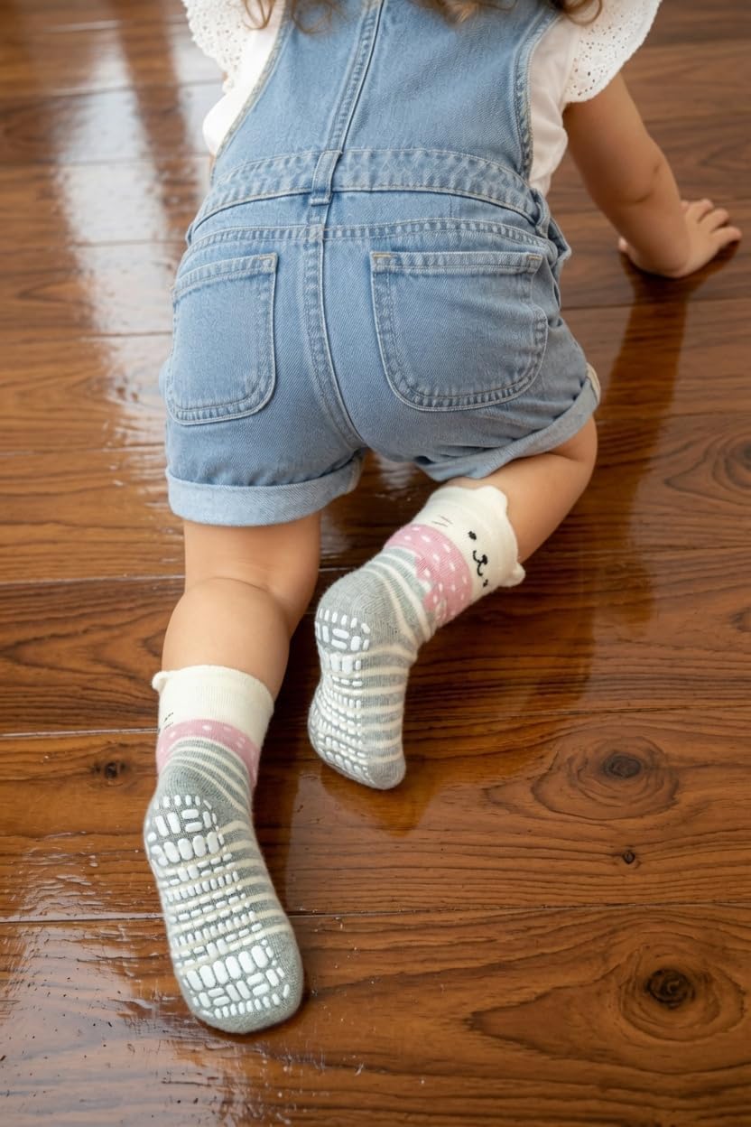 RATIVE Baby Girl Non Slip Grip Socks 12-Pack Soft Cotton Toddler Girl Socks
