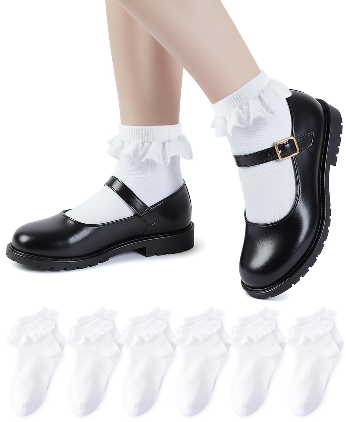 HONGTEYA 6 Pairs Cotton Girls Socks Ruffle Kids Crew Ankle School Uniform