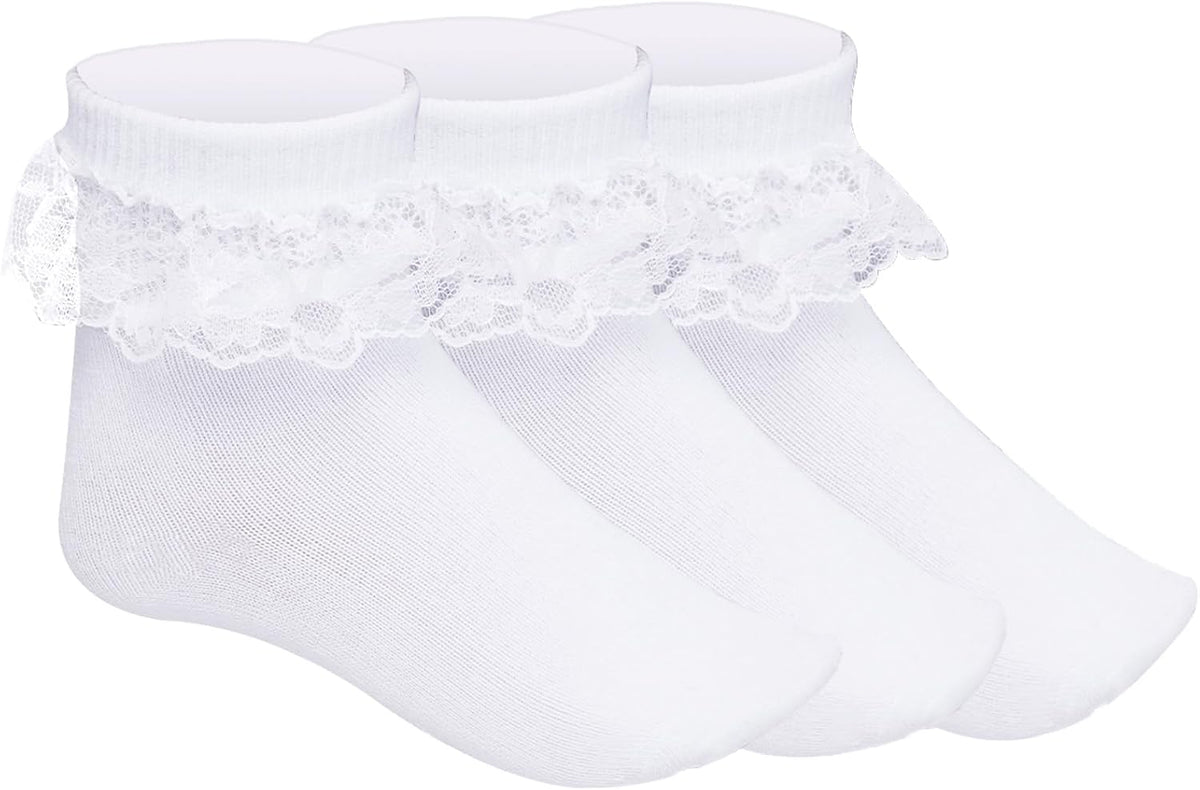 Pistha 3 Pairs Girls Ruffle Socks White Ruffled Lace Socks