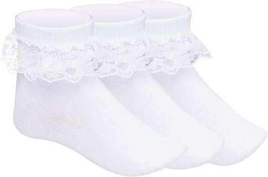 Pistha 3 Pairs Girls Ruffle Socks White Ruffled Lace Socks