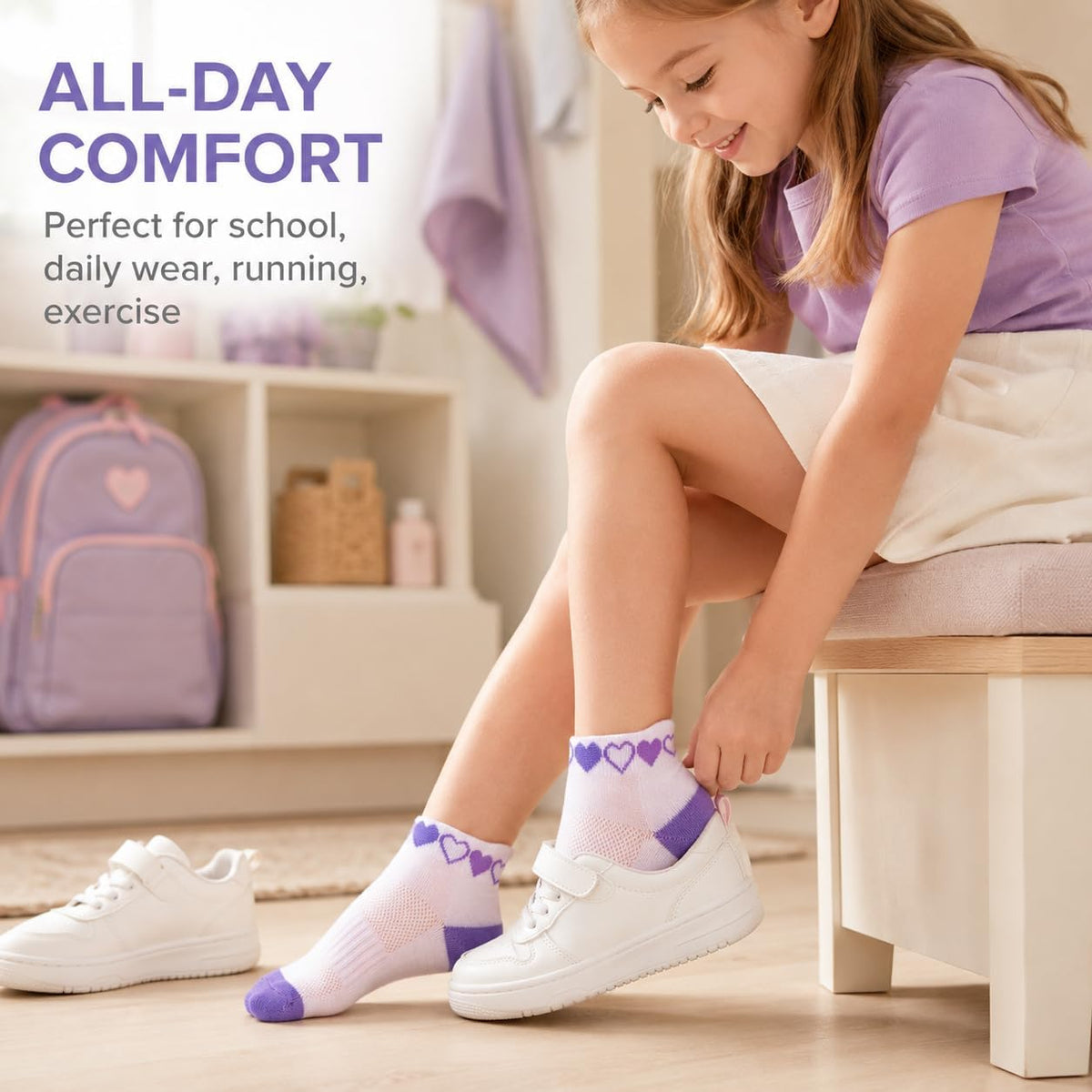 floconssy Girls Socks Ankle Athletic Kids Socks for 4-6 6-8 8-10 Years Old