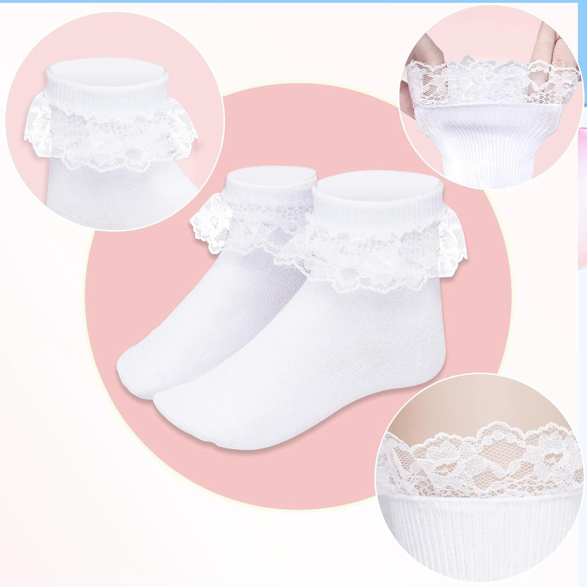 Pistha 3 Pairs Girls Ruffle Socks White Ruffled Lace Socks