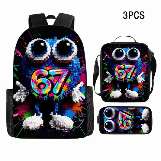 3-pack stylish sequined backpacks, rainbow cute monster 67 theme, lightweight travel large capacity backpacks, fashionable design, back-to-school gift. set