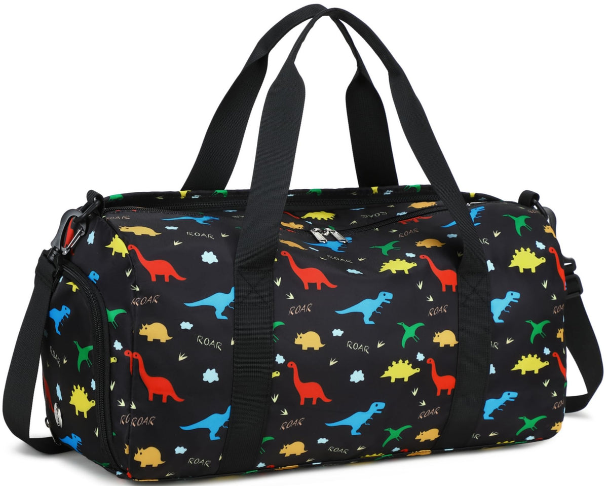 CAMTOP Kids Duffel Overnight Bag Boys Girls Toddler Weekender Carry-On Personalized Tote for Travel Gym Sport (A-Blue Dinosaur)