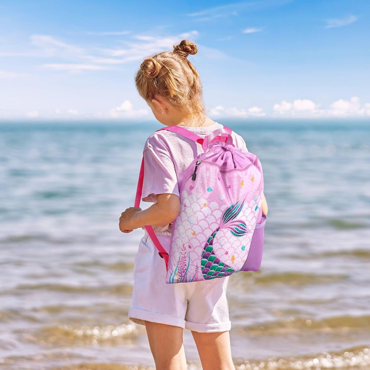 WAWSAM Gym Drawstring Backpack for Kids, Kids Drawstring Gym Cinch Bag with Bottle Pocket