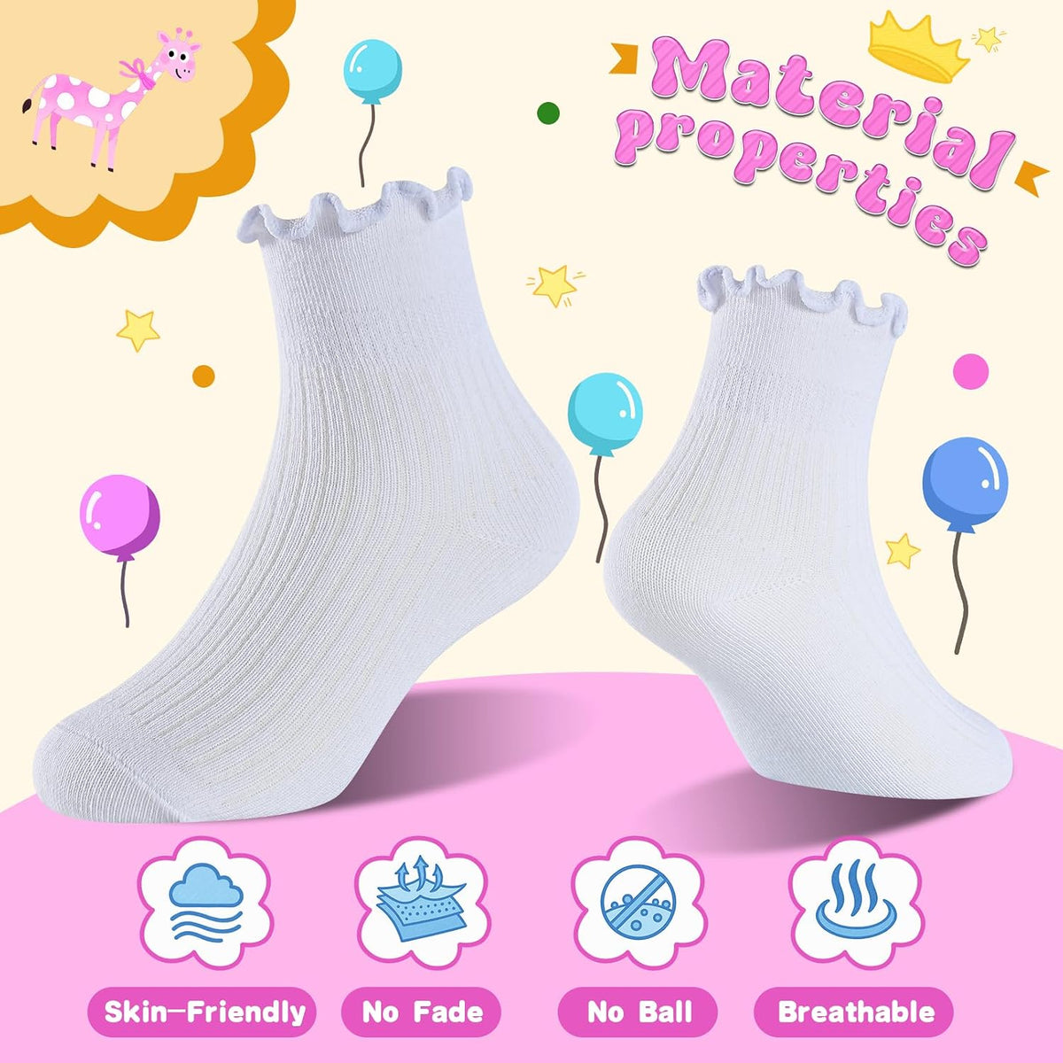 Age 3-10 Girls 100% Cotton Ruffle Socks, Cute Soft Breathable Frilly Dress Socks for Girls