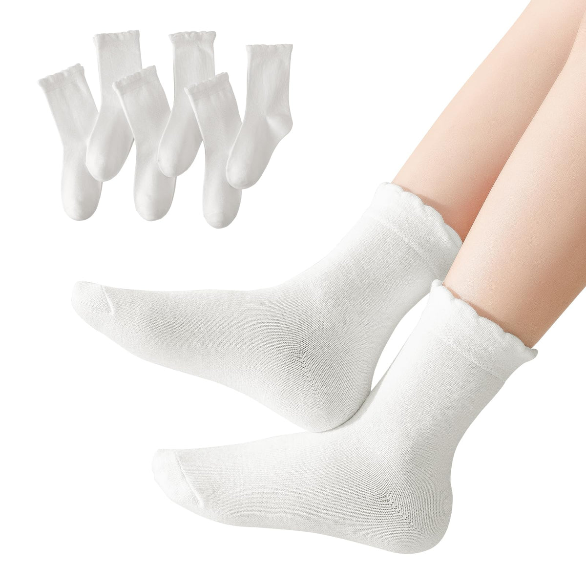 ANYANIME 6 Pair Girls White Dressy Textured Short Socks Scallop Top Design