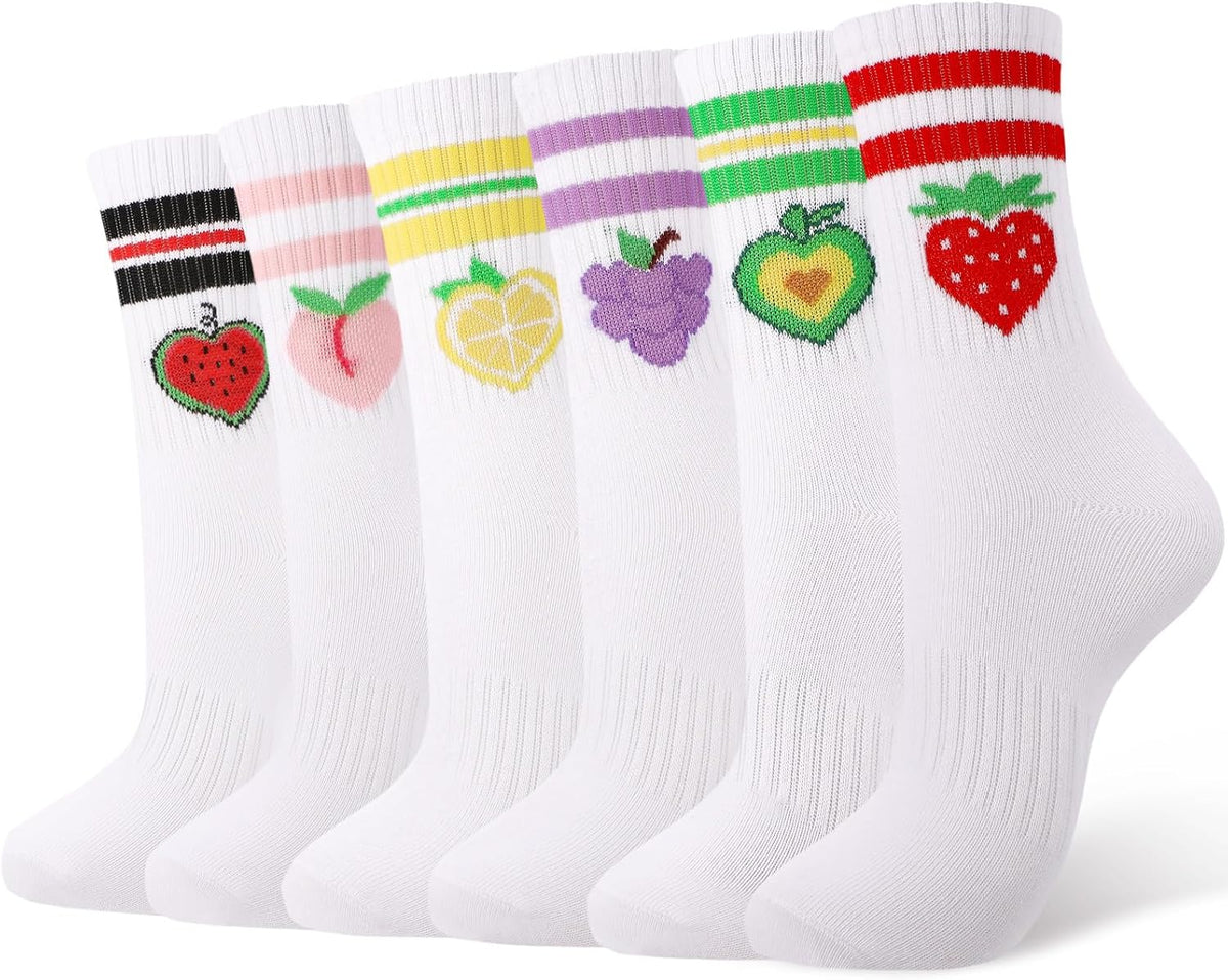 6 Pairs Girls Athletic Cotton Socks Fruits Heart Crew Socks