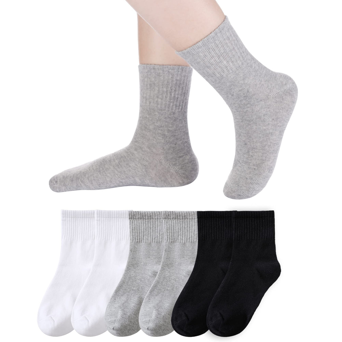 Eyean Kids Athletic Crew Socks Boys Girls Cotton School Uniform Casual Basic Socks 6 Pairs