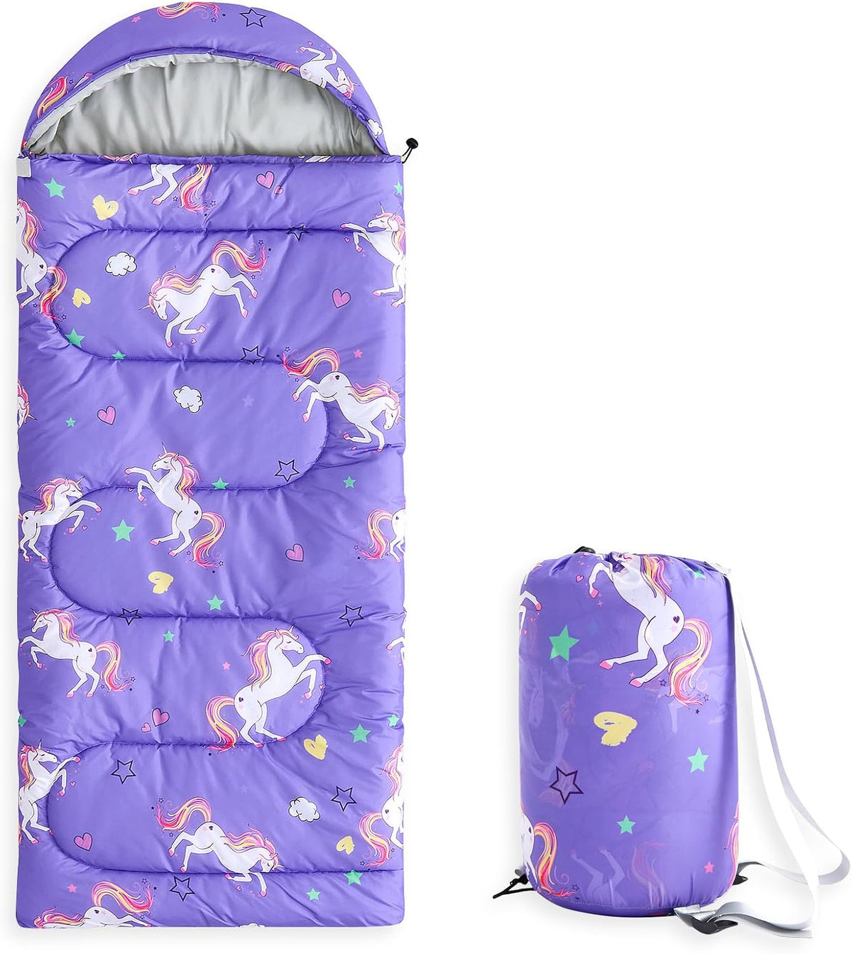 Wake In Cloud - Kids Sleeping Bag for Girls Toddlers, Camping in Warm Cold Weather, Backpacking Lightweight Compact Outdoor Liner for 3 Seasons, Unicorns Stars Hearts