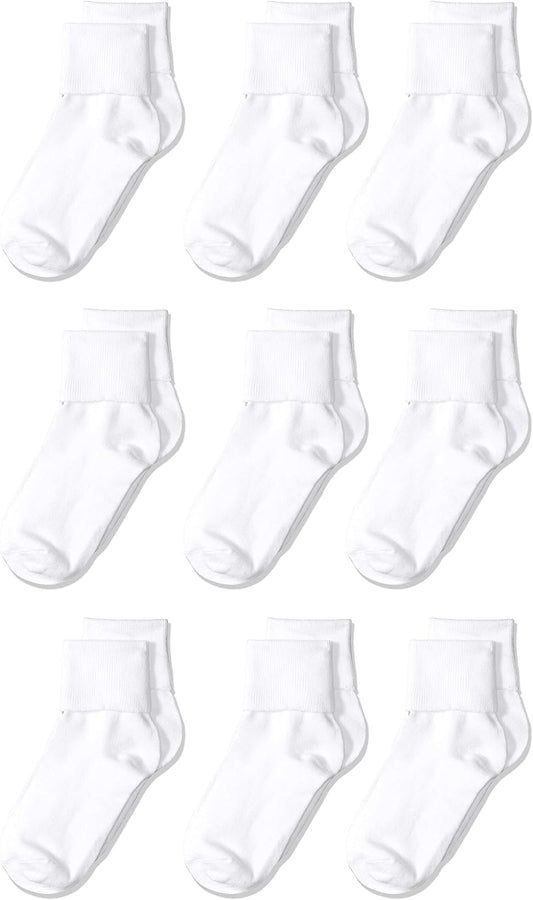 Amazon Essentials Girls and Toddlers' Cotton Blend Ankle Uniform Turn Cuff Socks, 9 Pairs