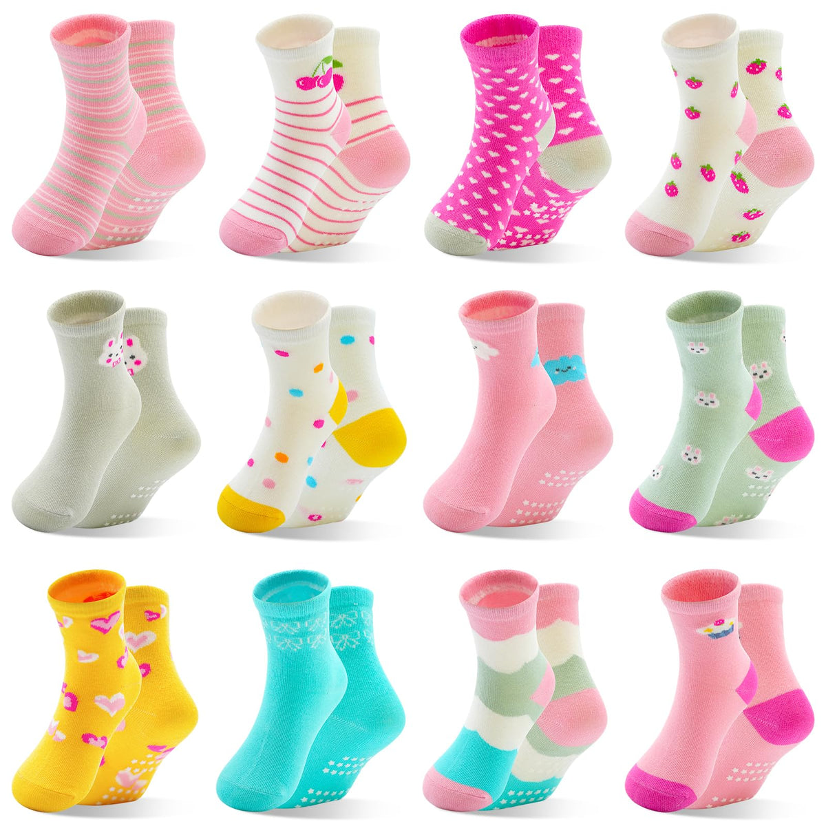 HYCLES 12 Pairs Toddler Socks, Non-Slip Cartoon Crew Grip Socks, 0-7 Years