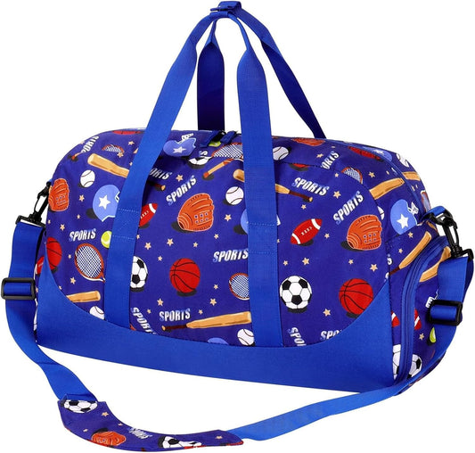 Choco Mocha Kids Duffle Bag, Boys Basketball Overnight Travel Bags for Weekender Kid with Shoes Compartment, Large Sleepover Bag for Gym Blue