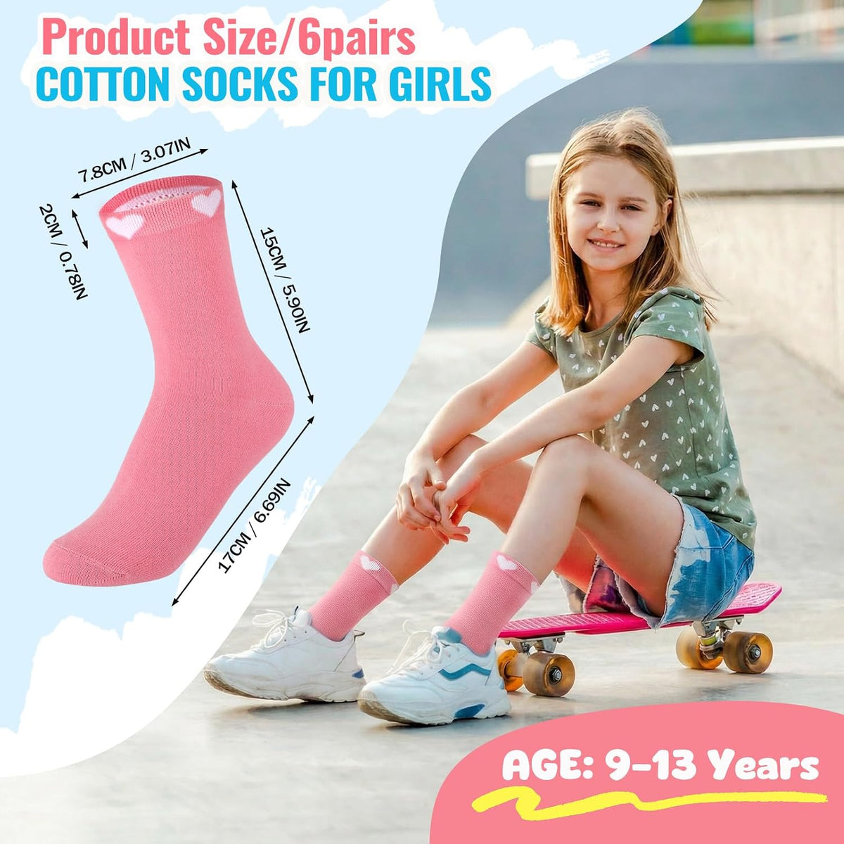 Girls Socks Kids Crew Athletic Socks with Hearts for 9-13 Years
