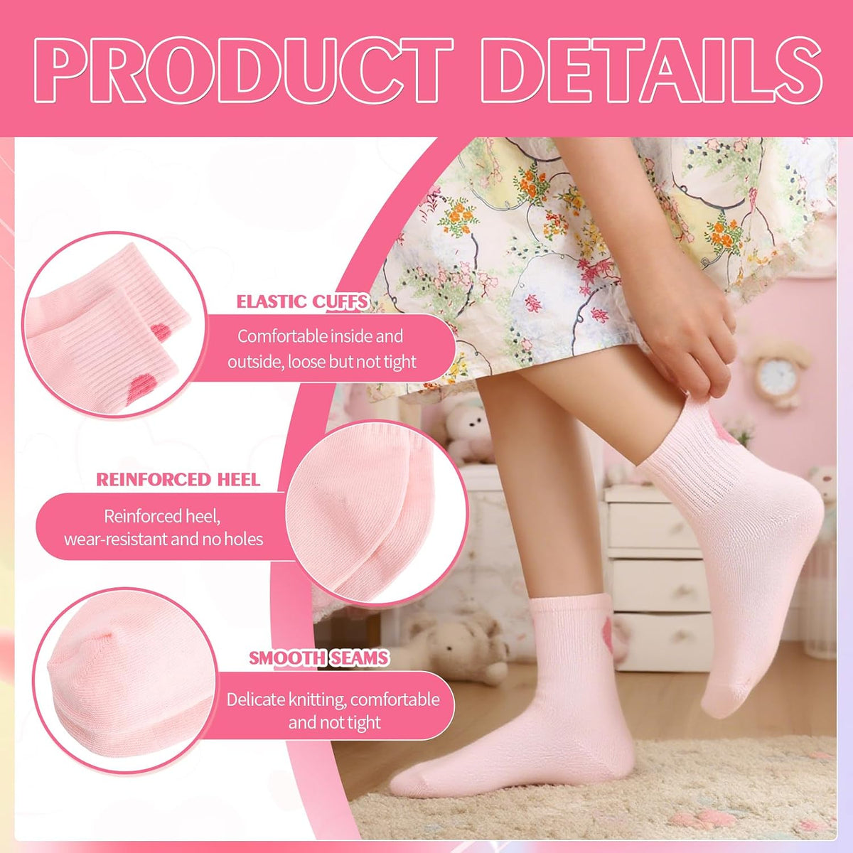 Jspupifip 6 Pairs Kids Girls Pink White Crew Athletic Socks Age 3-12 Years
