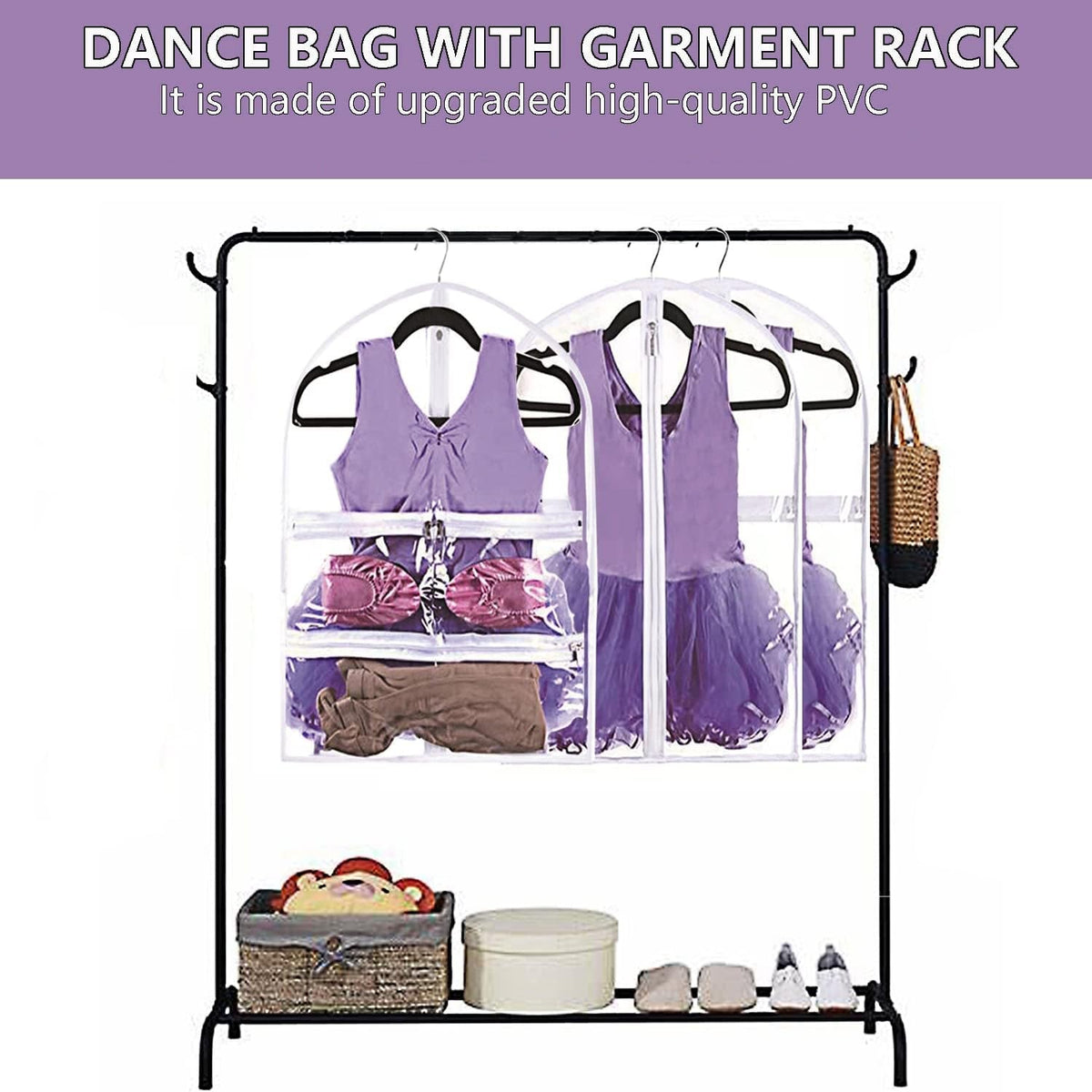 WJWSKI Clear Kids Dance Garment Bag for Hanging Clothes,35 Inch Waterproof PVC Travel Garment Bag with 3 Pockets for Dance Costumes,Sports,Skating,Theatre,Beauty Pageants & More