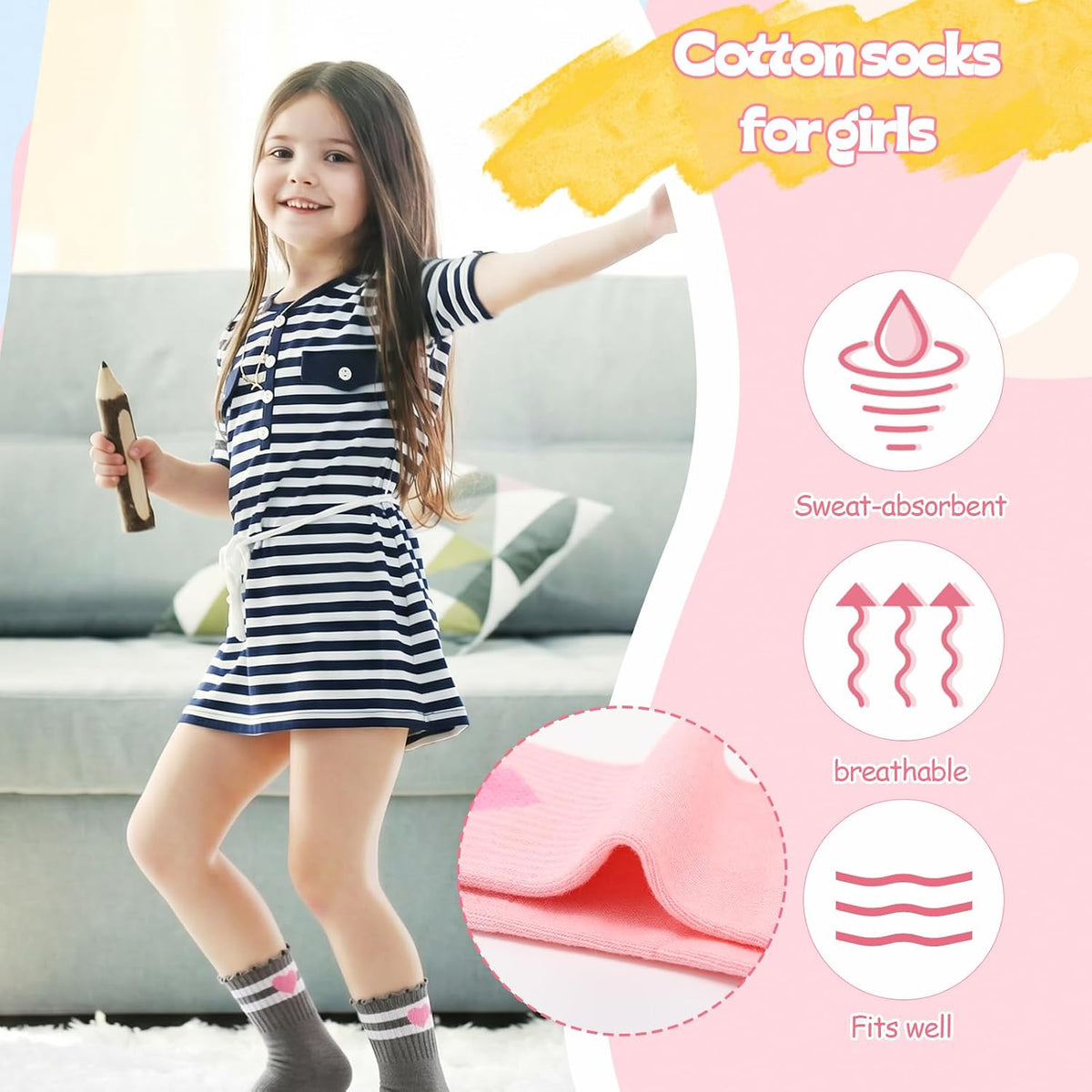Kids Girls Crew Socks Cotton Athletic Socks with Stripe Hearts