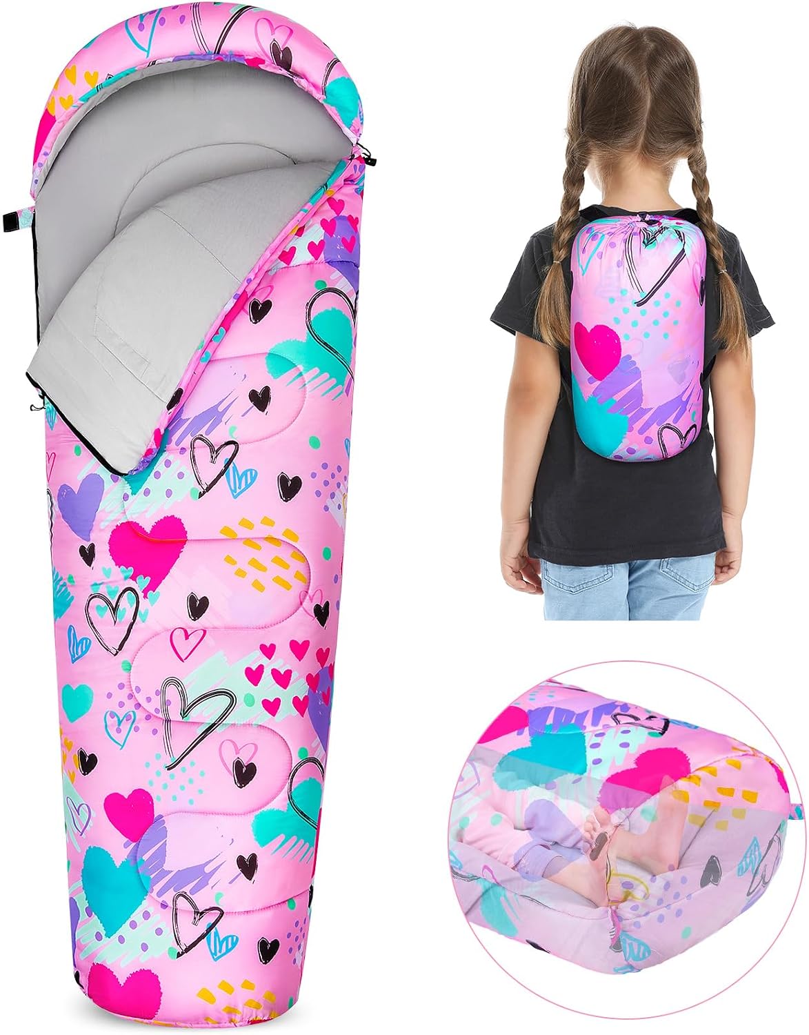 FIOBEE Kids Sleeping Bag 3 Season Camping Sleeping Bags for Girls Toddler