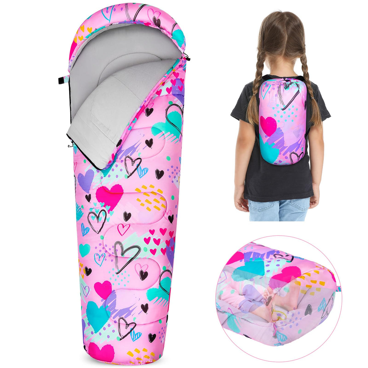 FIOBEE Kids Sleeping Bag 3 Season Camping Sleeping Bags for Girls Toddler