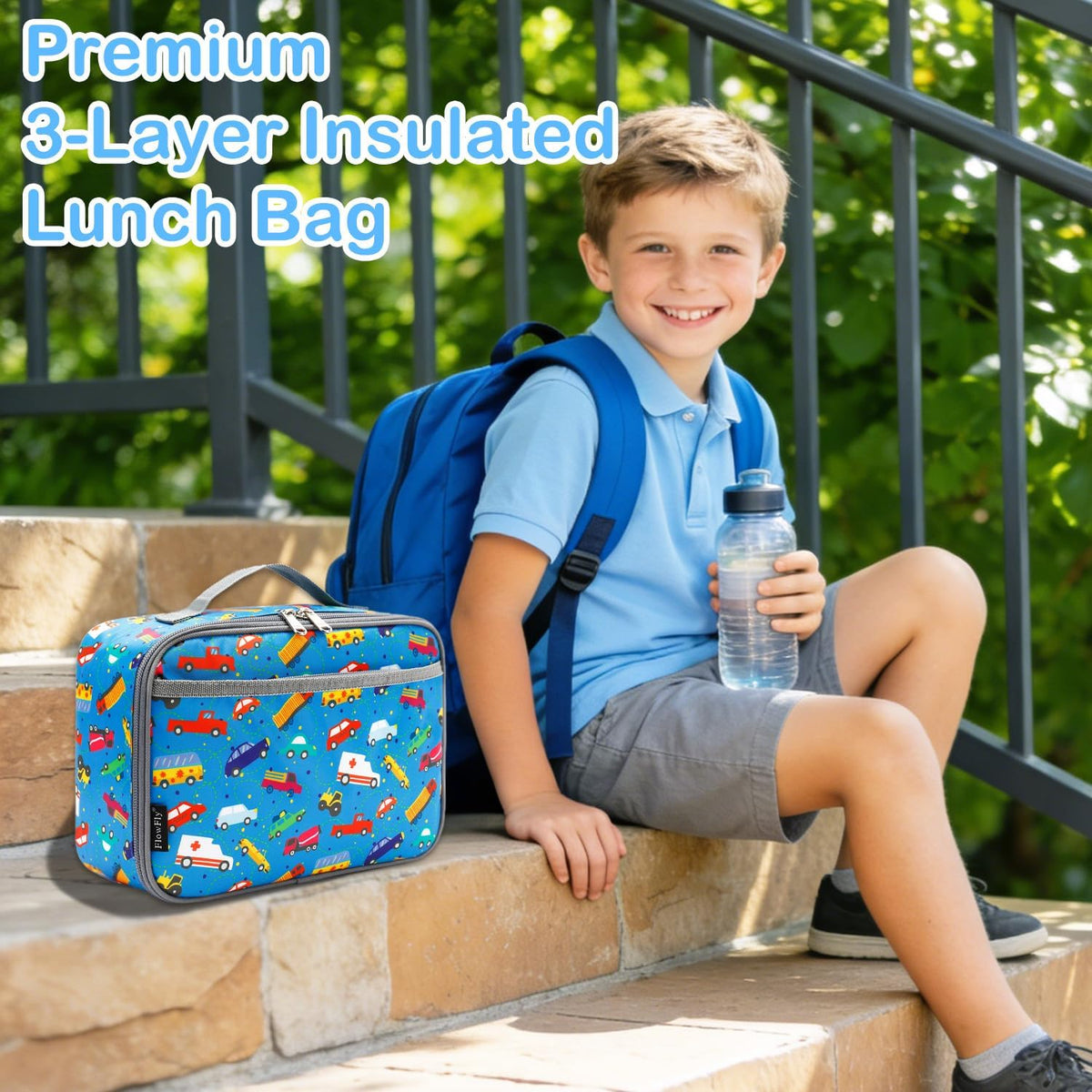FlowFly Kids Lunch box Insulated Soft Bag Mini Cooler Back to School Thermal Meal Tote Kit for Girls, Boys, Car