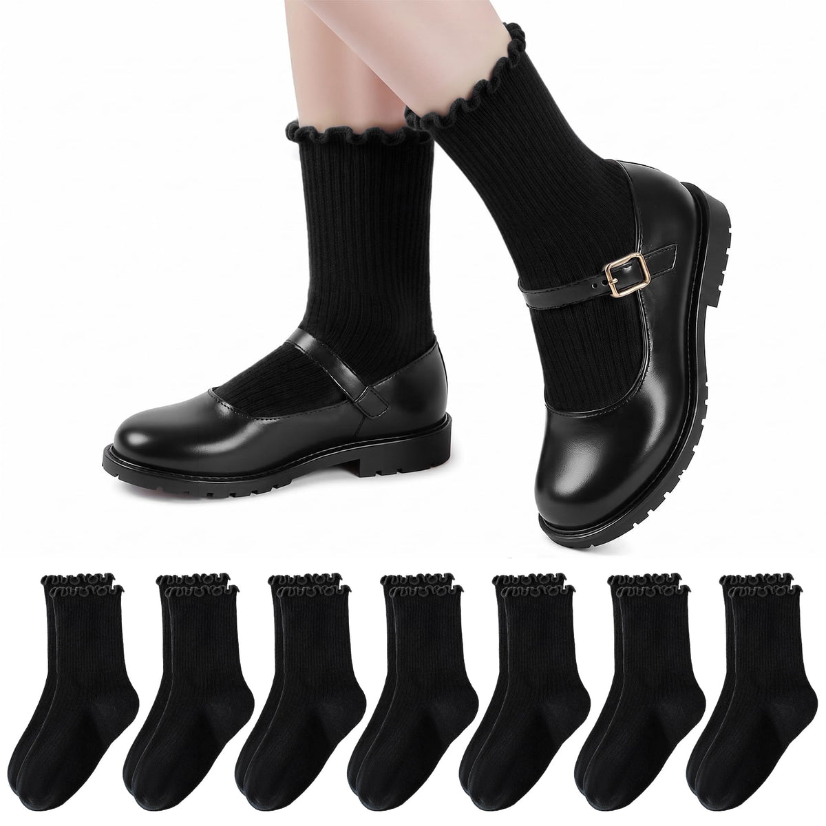 HONGTEYA 6 Pairs Cotton Girls Socks Ruffle Kids Crew Ankle School Uniform