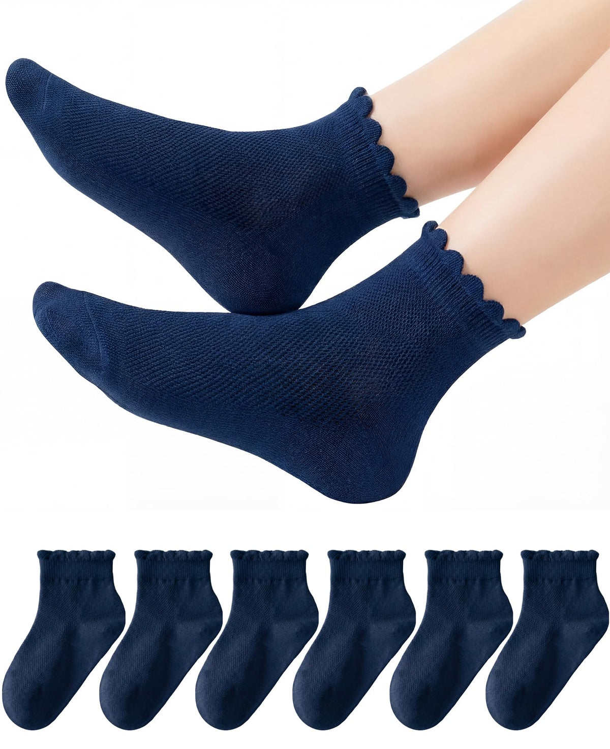 HONGTEYA 6 Pairs Girls Socks Ruffle Cotton School Uniform Kids Ankle Crew