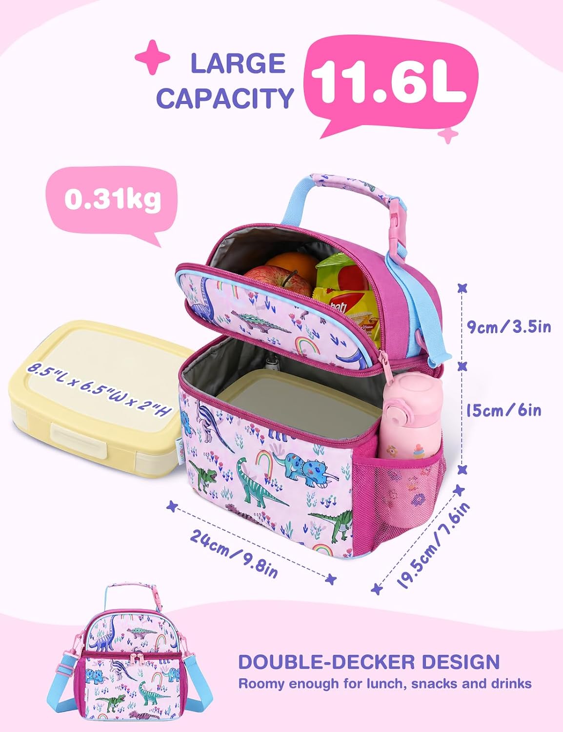 VASCHY Lunch Box Bag for Kids, Insulated Lightweight Lunch Box Tote for Toddler Girls School Daycare Kindergarten Pink Dino Print