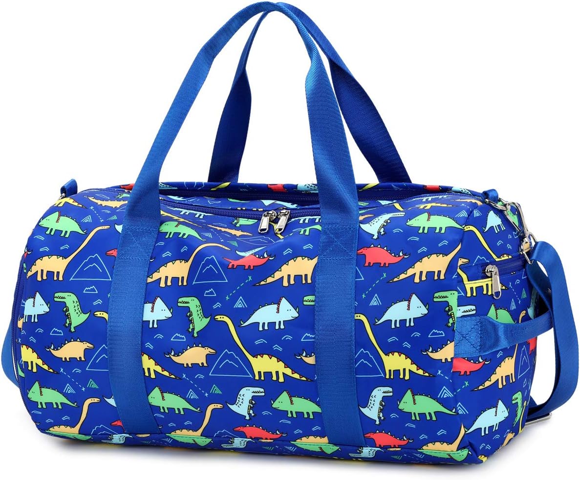 CAMTOP Kids Duffel Overnight Bag Boys Girls Toddler Weekender Carry-On Personalized Tote for Travel Gym Sport (A-Blue Dinosaur)