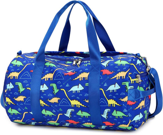 CAMTOP Kids Duffel Overnight Bag Boys Girls Toddler Weekender Carry-On Personalized Tote for Travel Gym Sport (A-Blue Dinosaur)