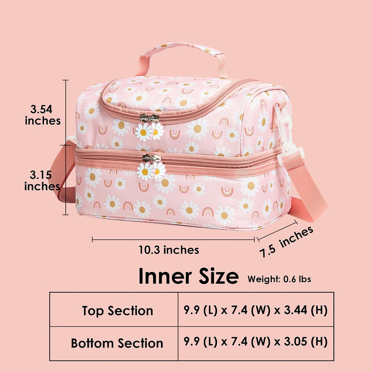 Insulated Kids Dual Compartment Lunch Bags Tote for Girls Boys Toddler Lunch Boxes Pre-School Toddler Kindergarten Elementary Picnic Food Cooler Thermal with Strap (Rainbow Daisies)