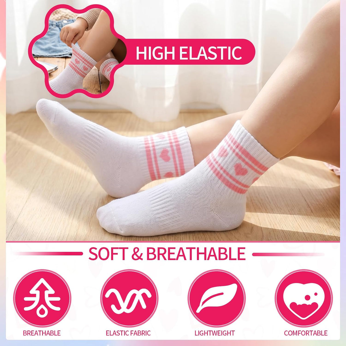 9 Pcs Girls Crew Socks, Cotton Striped Heart Kids Athletic Socks