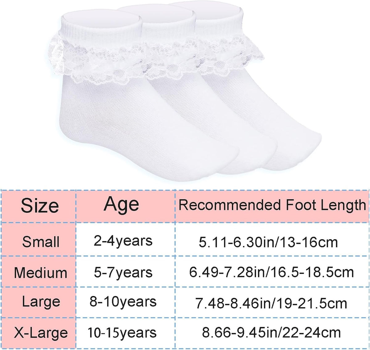 Pistha 3 Pairs Girls Ruffle Socks White Ruffled Lace Socks