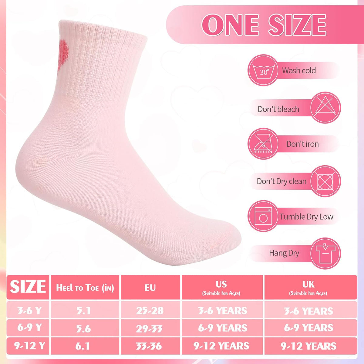Jspupifip 6 Pairs Kids Girls Pink White Crew Athletic Socks Age 3-12 Years